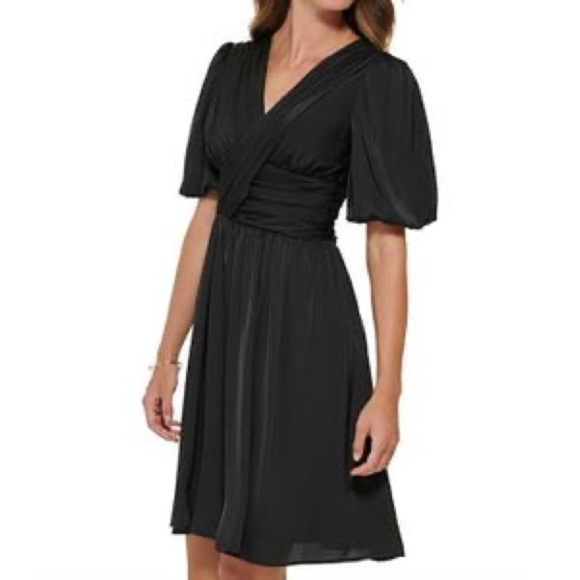 NWT. DKNY 12 V Neck Short Sleeve Fit & Flare Black Satin Dress. - Picture 3 of 16